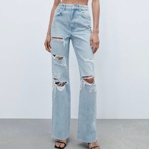 Zara Ripped Wide Leg Jeans - High waisted - light blue - size 4